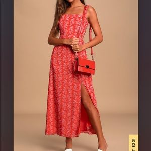Lace up back red floral print maxi